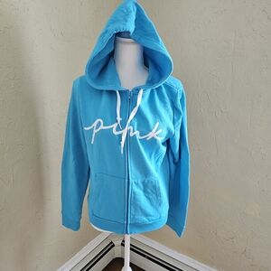 VS Pink Turquois Blue Hoodie With Zippered Front with Pink Logo Size Medium